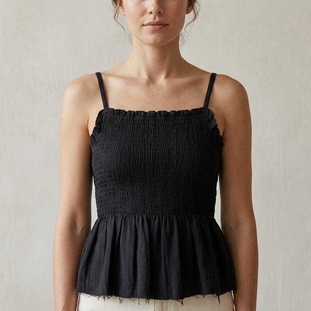 McGuire Top Womens XS Black Sleeveless Smocked Cotton Ruffle Tank